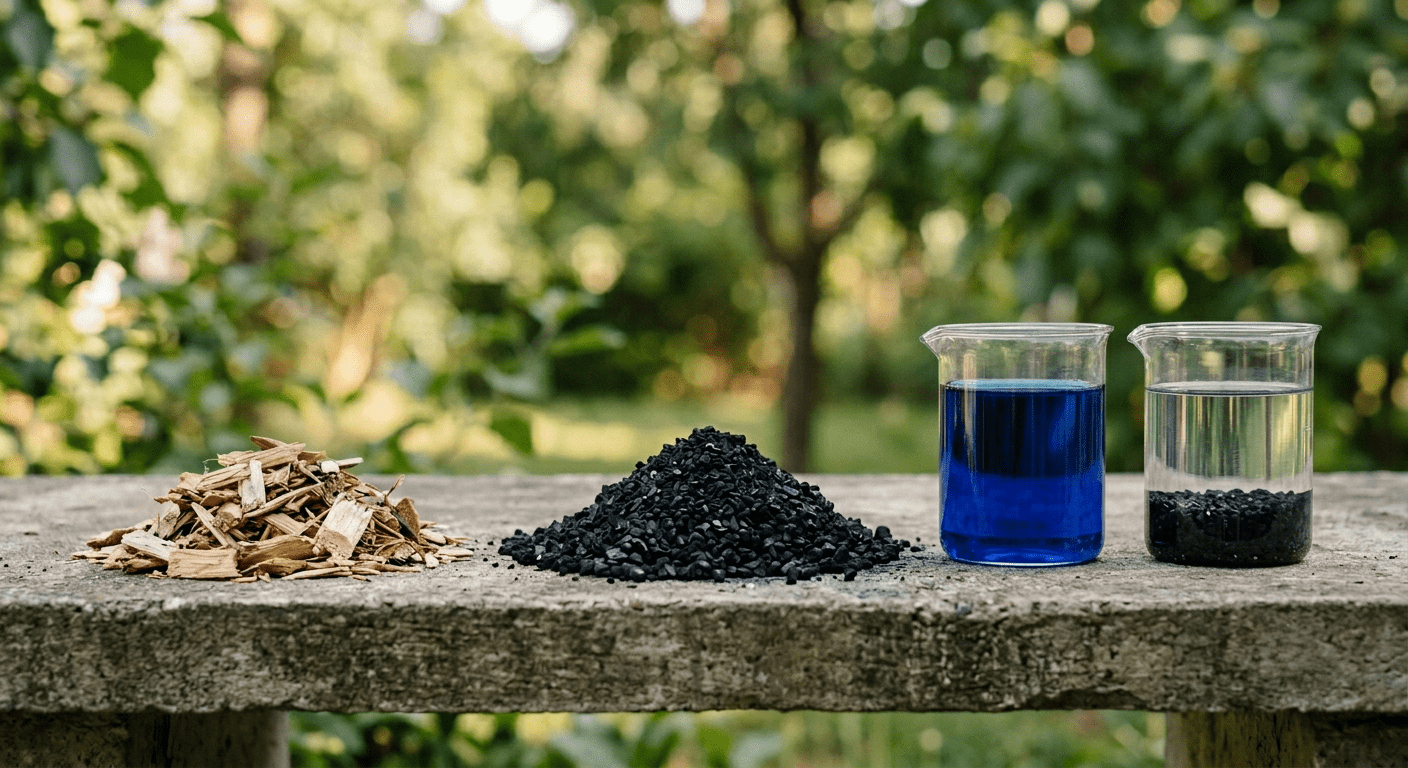 Illustration du traitement de l'eau par le charbon actif. On voit, de gauche à droite : un tas de bois, un tas de charbon actif, un récipient transparent rempli de bleu de méthylène, et enfin le même récipient, où on voit que le charbon actif qui est au fond a fait son effet : l'eau est devenue transparente.